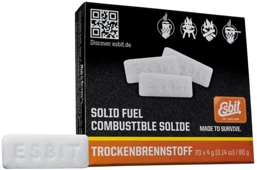 Esbit Trockenbrennstoff-Tabletten 20x4g – Vielseitig einsetzbar - Schnelle Hitze für warme Mahlzeiten unterwegs. Die Trockenbrennstoff-Tabletten sind ideal für Camping und Outdoor-Aktivitäten, um Speisen und Getränke schnell zu erhitzen.