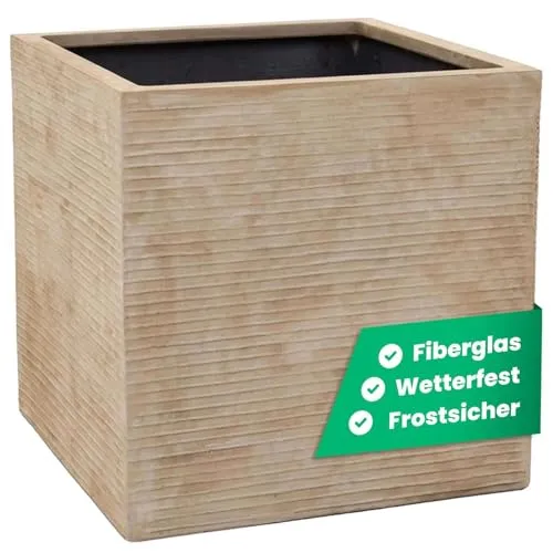 Vivanno Pflanzkübel Block 50 cm x 50 cm x 50 cm in Streifenbeige - Eleganter Pflanzkübel aus wetterfestem Fiberglas. Ideal für Terrasse und Garten, mit 125 l Volumen für Ihre Pflanzen. Setzen Sie stilvolle Akzente in jedem Außenbereich!
