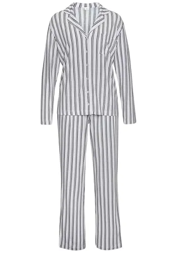 s.Oliver Damen Langer Pyjama im Streifenmuster - Schlafanzüge für Damen, klassischer Schnitt mit Reverskragen und Brusttasche, ideal für gemütliche Nächte und entspannte Tage.