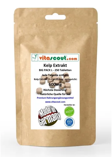 Kelp 600mg (120,0mg Extrakt 5:1) JE TABLETTE- 250 Tabletten liefert ca 900µg Jod