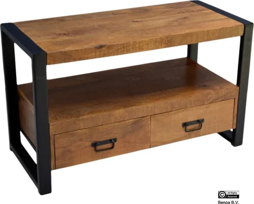 Benoa Britt TV-Schrank mit 2 Schubladen, 100 cm - Der Benoa Britt TV-Schrank aus Mangoholz vereint Funktionalität und modernes Design. Mit zwei Schubladen bietet er praktischen Stauraum und setzt durch den Stahlrahmen stilvolle Akzente in Ihrem Wohnzimmer.