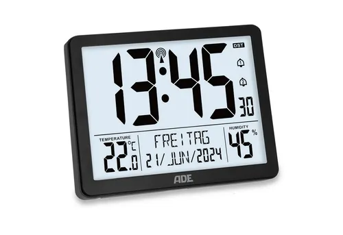 ADE Digitale Funkuhr - Große Ziffern für beste Ablesbarkeit, mit 2 Weckzeiten, Thermometer und Hygrometer, elegantes Design in matt schwarz