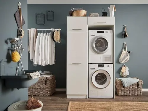 möbelando Waschmaschinenumbauschrank LAUNDREEZY in Weiß - Unterschrank fürs Bad mit optimaler Raumausnutzung: Der LAUNDREEZY bietet mit B117,5xH200xT67,5 cm genügend Stauraum und kombiniert modernes Design mit praktischer Funktionalität.