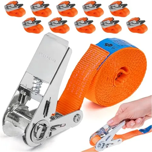INTAKO Spanngurte mit Ratsche – Spanngurt 800kg 25mm 1-teilig – 4m/6m Grün (Ergolash) oder Orange – Set 2x/10x – Zurrgurte Motorrad (Orange, 4m (10 Stück))