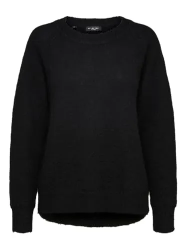 Damen Selected Rundhals Strickpullover SLFLULU | Lockerer Feinstrick Wollpullover in Schwarz, Größe L - Stylischer und bequemer Feinstrickpullover mit relaxed Fit und fein gerippten Säumen. Ideal für den Alltag und vielseitig kombinierbar.