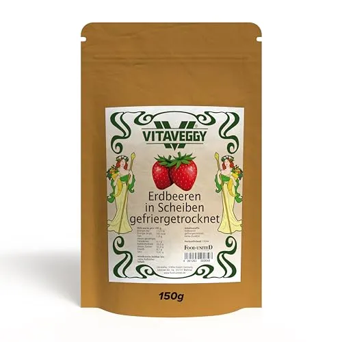 VITAVEGGY GEFRIERGETROCKNETE ERDBEEREN 300g in Scheiben | getrocknete Erdbeeren von Food-United Trockenfrüchte - | ohne Zusatzstoffe | passend für Müsli Cerealien Joghurt Smoothies (150g) (150g)
