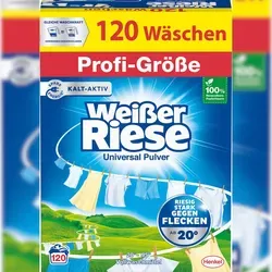 Weißer Riese Universal Pulver Profi-Größe - Waschmittel für Industrie & Gewerbe, extra stark gegen Flecken ab 20 °C und umweltfreundlich dank 100% recycelbarer Verpackung.