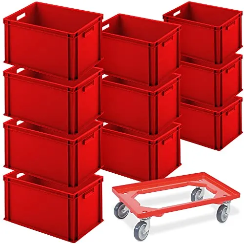 BRB-Lagertechnik Stapelbox 10er SPAR-Set mit Transportroller - Stapelboxen-Set mit 10 Euro-Behältern (600x400x320 mm) und GRATIS Transportroller. Ideal für Lager und Transport, robust, leicht zu reinigen und stabelbar. Perfekt für Industrie und Handwerk!