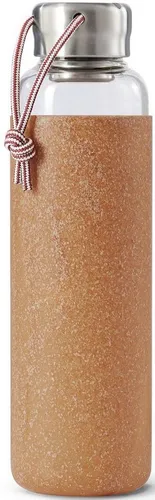 BLACK + BLUM Wasserflasche Glas Mandel 600 ml - Thermobehälter mit Edelstahldeckel und nachhaltiger Silikonschutzhülle aus Holzfaser für ein stilvolles, plastikfreies Trinkerlebnis.