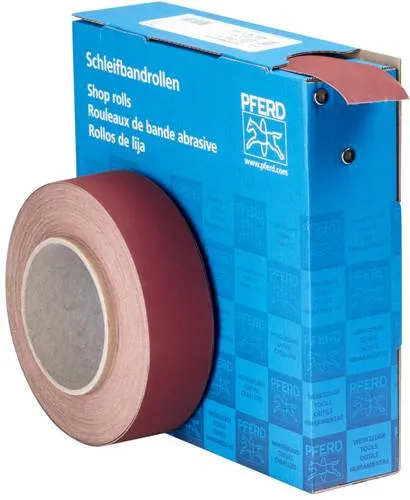 Korund Schleifbandrolle Gewebe SBR 38mm x 25m A400 - Zubehör für Elektrowerkzeug, ideal für die Bearbeitung von legierten und unlegierten Stählen sowie NE-Metallen, mit praktischer Abreißkante für einfaches Abtrennen.