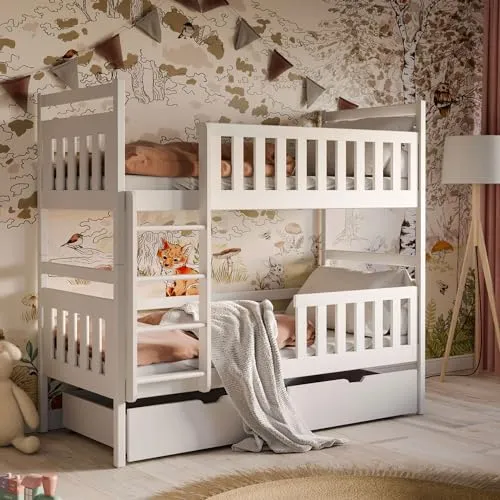 Hochbett 80x180 cm mit 2 Schubladen und Rausfallschutz - Kompaktes Etagenbett aus massivem Kiefernholz, umbaubar in zwei Einzelbetten. Mit zwei praktischen Schubladen für zusätzlichen Stauraum und einem sicheren Rausfallschutz für einen ruhigen Schlaf.