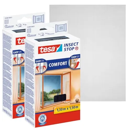 tesa Insect Stop COMFORT Fliegengitter für Fenster - 2er Pack selbstklebend - Fliegengitter für Fenster im 2er Pack, idealer Insektenschutz ohne Bohren dank selbstklebendem Klettband. Hygienisch, wiederverwendbar und waschbar bis 30°C.