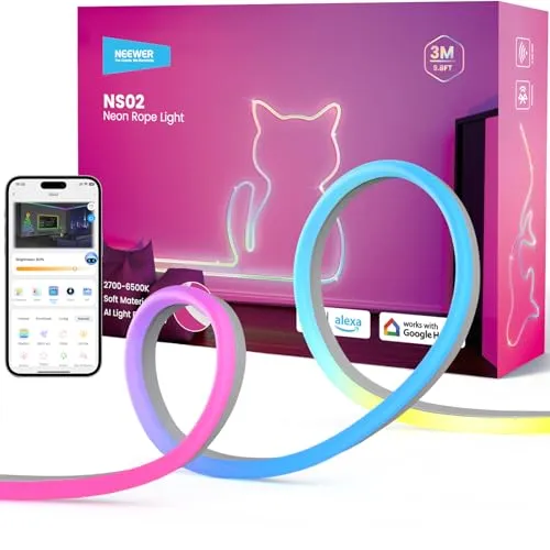 NEEWER 9,84ft/3m LED Lichtleiste, Smart AI RGB, zuschneidbare Neon Lichterkette mit App Steuerung für Schlafzimmer Spielzimmer Innenstudio Wanddekoration, Kompatibel mit Google Assistant Alexa, NS02