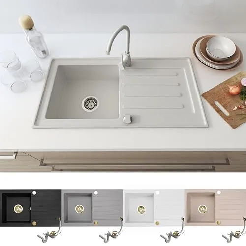 Granitspüle 76x44 Weiß – Hochwertige Küchenspüle mit goldenem Siphon Set - Robuste Granitspüle (76x44 cm) in Weiß, hitzebeständig und kratzfest. Reversibel montierbar, ideal für Unterschränke ab 45 cm. Inkl. edlem Siphon-Set in Gold für einen stilvollen Akzent.