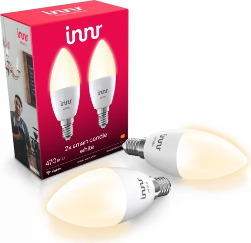 Innr Zigbee E14 LED Lampe, dimmbar und smart im 2-er Pack - Energiesparlampen mit 470lm (40W äquivalent), warmweiß (2700K), kompatibel mit Zigbee Bridges für einfache Steuerung und bis zu 90% Energieeinsparung.