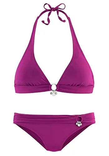 s.Oliver Damen Neckholder Bikini mit Zierringen - Trendiger Triangel-Bikini aus softer Microfaser, mit silberfarbenen Accessoires für einen stylishen Look. Perfekt für sonnige Tage am Strand oder Pool!