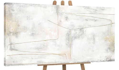 YS-Art Gemälde Goldene Schleife, Abstraktion, Abstraktes auf Leinwand Bild Handgemalt Schnur Gold Beige