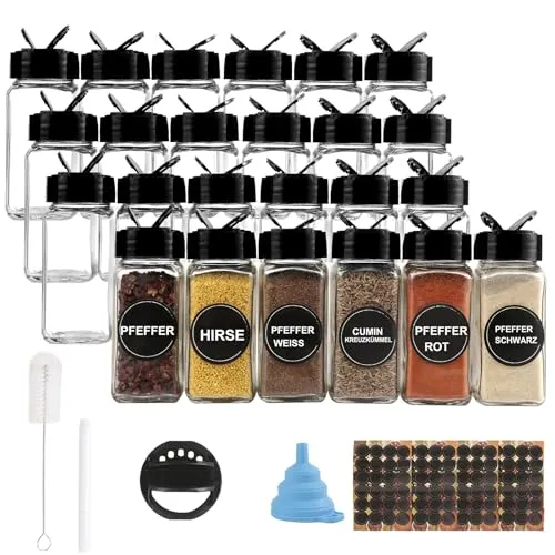 24er Gewürzgläser Set,120ml Glas Gewürzdosen eckig Aufbewahrung mit Schwarz Deckel, Trichter, Bürste, Etiketten & Kreidestift,10,5 x 4,3 cm