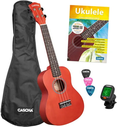 Cascha Concert Uke Linden Set RED - Sonstige Zupfinstrumente; Hochwertige Konzertukulele mit umfangreichem Zubehör, ideal für Anfänger und Fortgeschrittene, inklusive Gigbag und Stimmgerät.