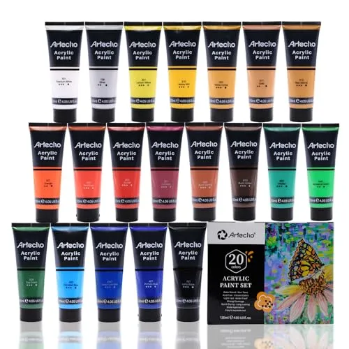 Artecho Acrylfarben Set Professional 20x120 ml, Acrylic Paint Set, Wasserfest und Lichtecht, Schnell Trocknend, Ideal für Leinwand, Holz, Stoff, Handwerk, Leder und Stein.