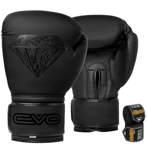 EVO Maya Hide Leder-Boxhandschuhe für MMA-Boxsack, Sparring, Muay Thai, Kickboxen, Kampftraining, inkl. Handbandagen, Schwarz/Diamant, matt, 284 g (Schwarz, 12 OZ)