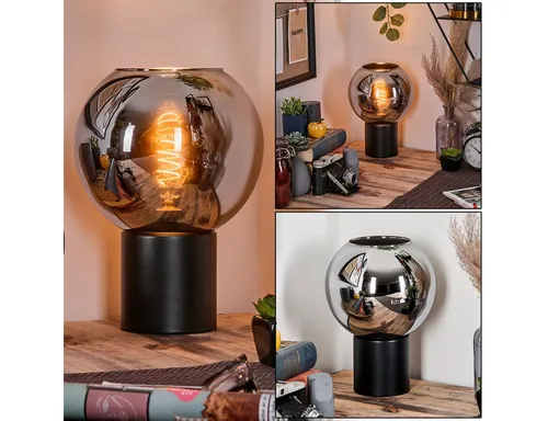 hofstein Tischleuchte im Retro/Vintage-Design - Schwarz/Chrom - Stilvolle Tischlampe aus Metall und Glas, Höhe 27 cm, ideal für Wohnräume. Perfekt für gemütliche Akzente in Arbeitszimmer oder Wohnzimmer.