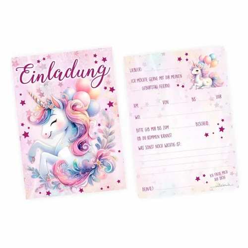 Einladungskarten Einhorn rosa zum Kindergeburtstag inkl. 10 Briefumschlägen 10