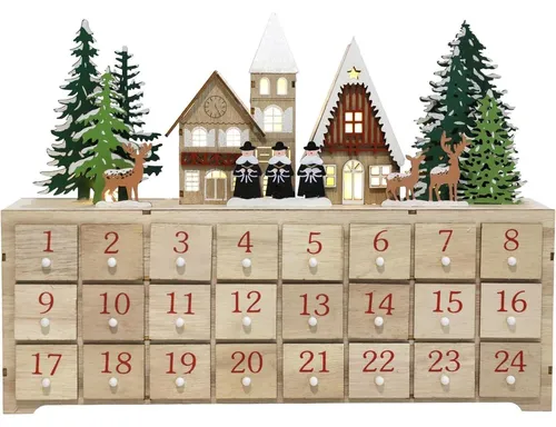Adventskalender Holz mit LED und 24 Schubladen – 37,5x8x27cm