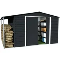 DURAMAX Gerätehaus Alpine 3x3m mit Anbau - Geräteschuppen aus pulverbeschichtetem, feuerverzinktem Stahl - wetterfest und langlebig, mit praktischem Anbau für zusätzlichen Stauraum und breiten Doppelschiebetüren.