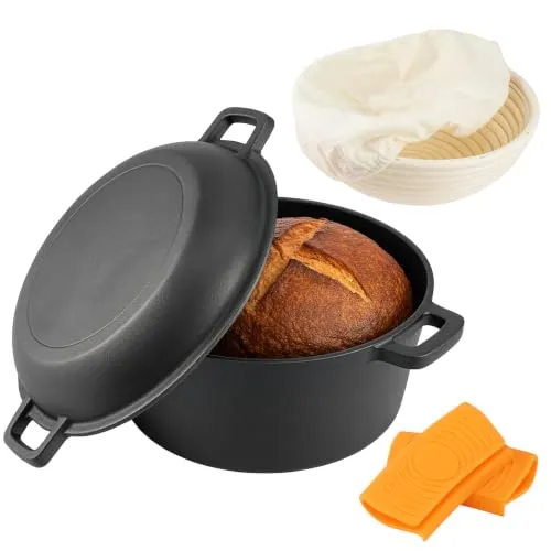 ARATERVIO Gusseisen Brotbacktopf 26 cm mit Rattan Gärkorb