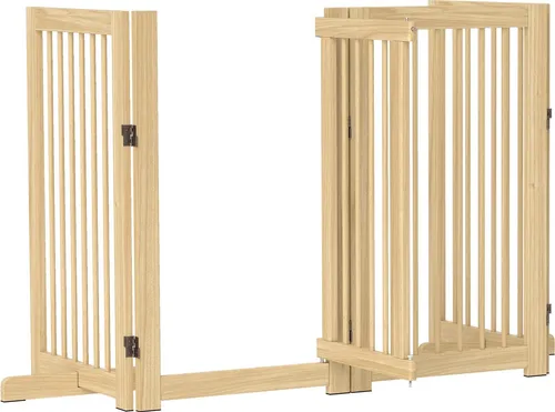Absperrgitter Hund 4-tlg., 220 x 91 cm faltbar Türschutzgitter mit Tür, freistehend Hundegitter Holz, mit 2 Stützfüßen, Treppengitter