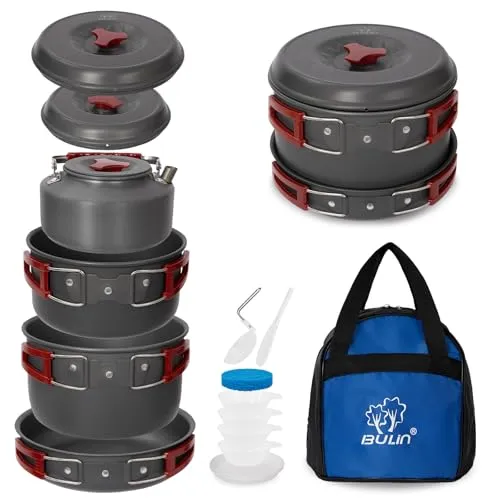 Bulin Camping Kochgeschirr Set für 4 Personen - Camping-Kochen: Leichtes und platzsparendes Set aus lebensmittelechtem Aluminium für 2-4 Personen, ideal für Camping, Wandern und Picknicks.