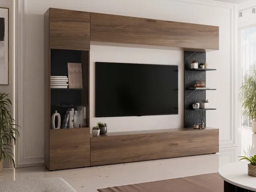 MIRJAN24 Wohnwand Lazando – Komplett-Set in Braun/Schwarz - Stilvolle Wohnwand mit Hängeschrank, Vitrine und TV-Lowboard. Hochwertige Laminatplatte, platzsparend und modern, ideal für Ihr Wohnzimmer.