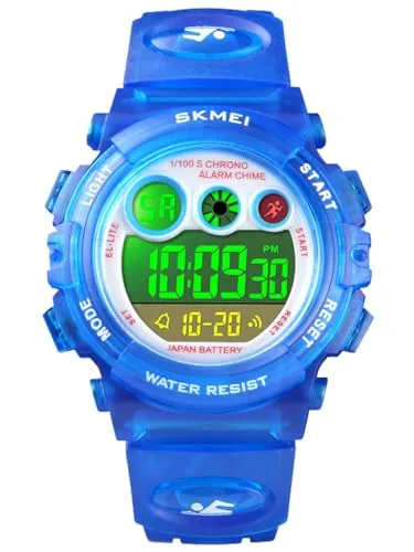 Alienwork Seven-Color LED Digital Kinderuhr Jungen Mädchen Blau Kautschuk-Armband Kalender Weiss Chronograph Sportlich Multi-Funktion