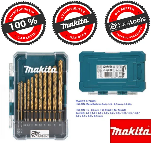 Makita D-72855 13 Stück HSS TiN Metall Stahl Bohrer Bit Set 1,5 - 6,5 mm Bits⭐⭐