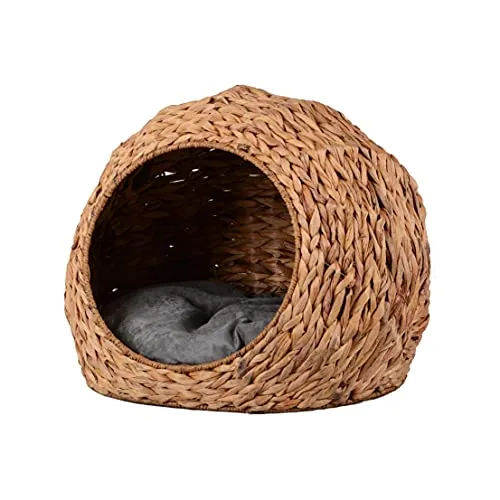 Runder Haustierkorb mit Kissen in grau - Gemütlicher Katzenkorb aus hochwertigem Seegras, ideal für kleine bis mittelgroße Tiere. Mit herausnehmbarem Kissen für maximalen Komfort und einfache Pflege.