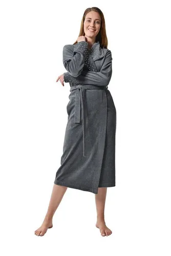RAIKOU Damenbademantel Morgenmantel, Saunamantel, Loungemantel 80% Baumwolle, Unterschenkel, 80% Baumwolle, 20% Polyester, groß Revers, Gürtel, Mit hellem Strassstein