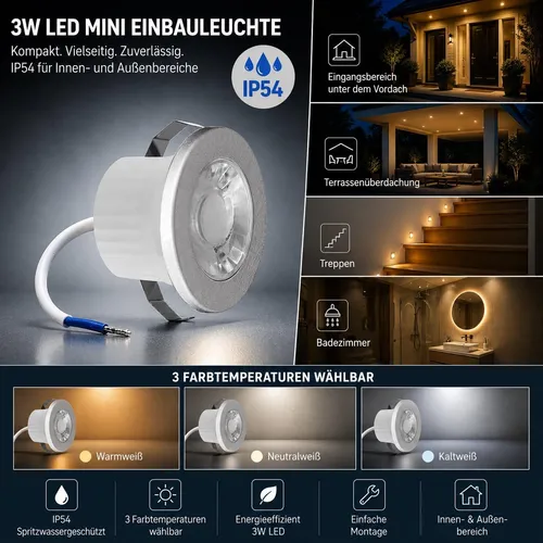 3w Mini LED Einbauleuchte Einbaustrahler Einbauspot Spot 4000K Neutralweiß 240 Lumen 230V Anschluss Schutzart IP54 Silber