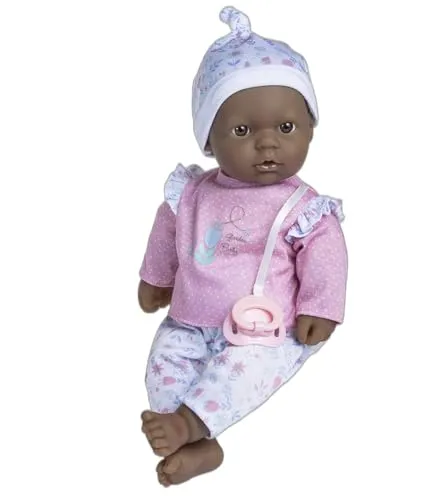 JC TOYS La Baby, afroamerikanische Puppe, 40 cm, weicher und waschbarer Körper, magische Flasche und Schnuller, rosa, blumig, entworfen in Spanien, ab 12 Monaten
