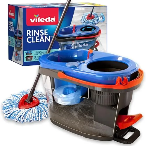 Vileda RinseClean Spin Mop System, trennt sauberes und schmutziges Wasser, müheloses Auswringen, Mikrofaser-Mop- und Eimer-Set