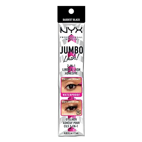 NYX Professional Makeup 2-in-1 Liner & Wimpernkleber, Hohe Haltbarkeit, Wasserfeste Formel, Filzstift-Applikator, Jumbo Lash!, Baddest Black
