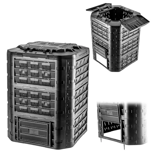 KADAX Modularer Komposter für Gartenabfälle, Gartenkomposter aus Kunststoff, Komposttonne mit Lüftung und Bewässerung, Kompostbehälter, Schnellkomposter (Schwarz 950 L)