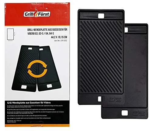 Grillfürst Universal Gusseisenplatte Grill 44,5 x 19,2 cm - massive Gusseisen Grillplatte mit Griffen, Gussplatte beidseitig verwendbar, geeignet für Rösle Videro G3/G3S und G4/G4S (bis 2020)