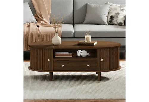 OKWISH Couchtisch 100x36x50 cm – Ovale Form mit Schublade und Rolltür in Walnuss-Optik