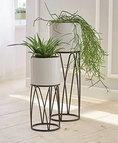 Dekoleidenschaft 2X Übertopf Retro mit Metallgestell, schwarz und Pflanztopf in Creme, Pflanzgefäß, Blumentopf, Pflanzkübel, Blumentopfständer