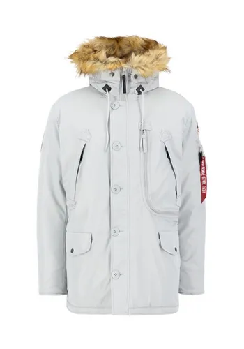 Alpha Industries Polar Jacket Winterjacke für Herren Pastel Grey - Funktionsjacke für Herren mit Regular Fit, ideal für kalte Tage dank abnehmbaren synthetischen Fellkragen und stylischen bestickten Patches.