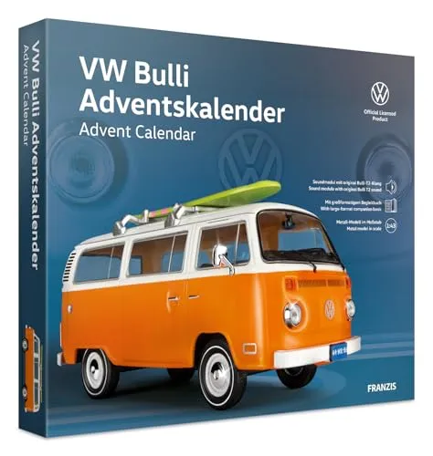 FRANZIS 67223 - VW Bulli Adventskalender mit Metall-Modellauto 1:43, inkl. Soundmodul und großformatigem Begleitbuch für Bulli-Fans