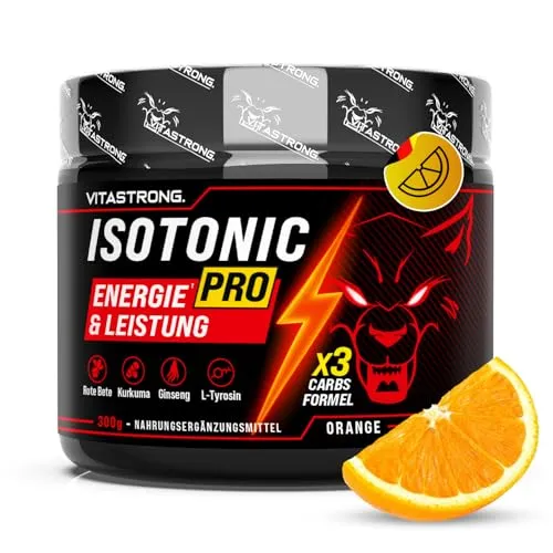 Vitastrong Isotonic PRO 300g Energie & Leistung, Orangengeschmack, Isotonisches Getränkepulver für Isotonisches Getränk, Elektrolyt Pulver + Mineralstoffen und x3 Carbs für Sport & Längere Anstrengung