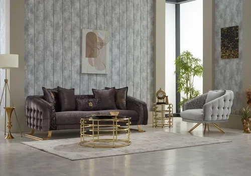Braunes Dreisitzer Sofa mit Sessel - Modernes Polstersofa - Stilvolles Sofa Set in Braun, ideal für das Wohnzimmer. Hochwertiger Polyesterstoff und goldfarbener Rahmen sorgen für Eleganz. Bequeme Sitzhöhe von 40 cm für entspannte Stunden.