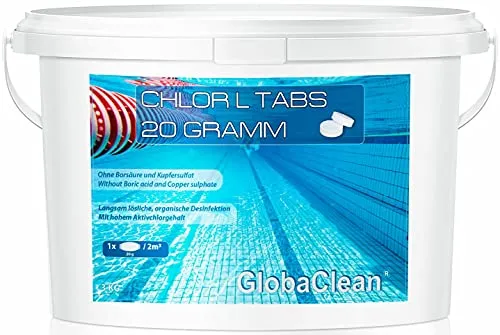 GlobaClean Chlortabs 20g langsamlöslich - 3kg - Langzeitdesinfektion für kleine Pools ab 2000l - Sehr hoher Aktivchlorgehalt